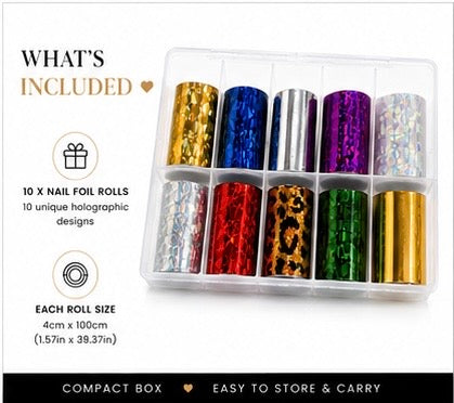 NBD Holographic Nail Foil Set – 10PCS Transfer Foils for Nail Art Designs | Metallic Chrome Foil Kit for Acrylic, Gel & Natural Nails