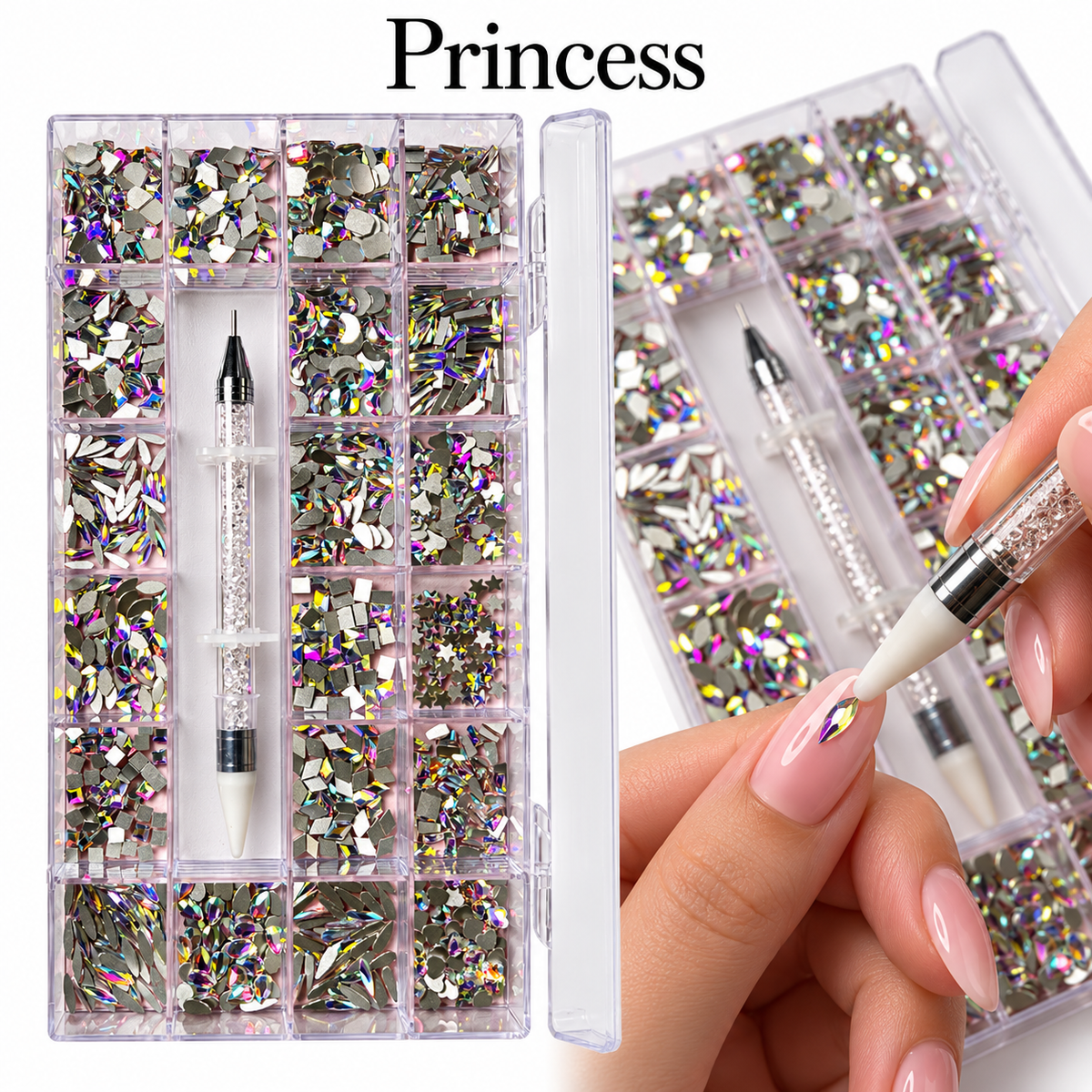 Princess-3,100 pcs high quality Nail Rhinestones Great valued box- Professional Nail Crystal Kit-PEN INCLUDED.
