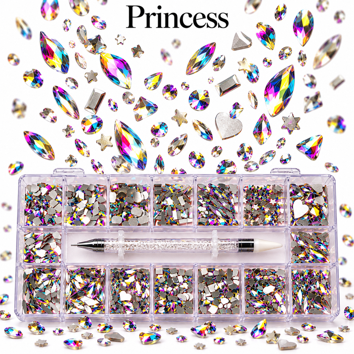 Princess-3,100 pcs high quality Nail Rhinestones Great valued box- Professional Nail Crystal Kit-PEN INCLUDED.