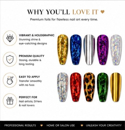 NBD Holographic Nail Foil Set – 10PCS Transfer Foils for Nail Art Designs | Metallic Chrome Foil Kit for Acrylic, Gel & Natural Nails