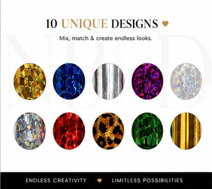 NBD Holographic Nail Foil Set – 10PCS Transfer Foils for Nail Art Designs | Metallic Chrome Foil Kit for Acrylic, Gel & Natural Nails