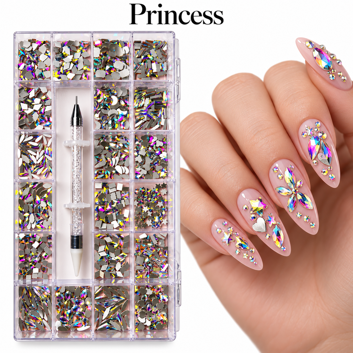 Princess-3,100 pcs high quality Nail Rhinestones Great valued box- Professional Nail Crystal Kit-PEN INCLUDED.